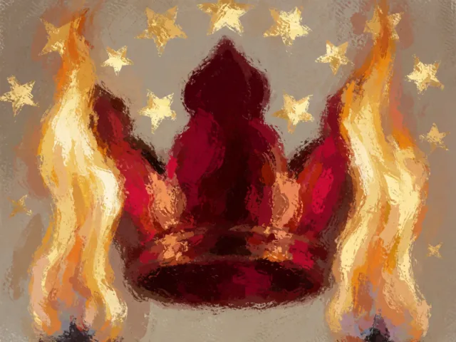 Deux flammes dorées dansant autour d'une couronne d'étoiles, la passion fière du Lion