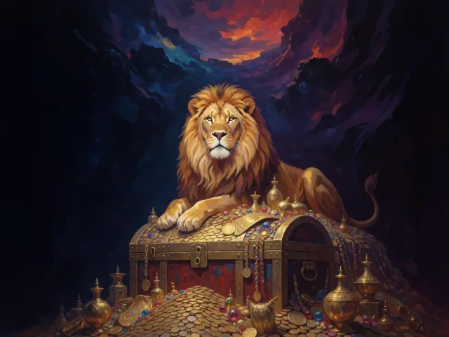 Un lion d'or trônant sur un coffre débordant sous un ciel flamboyant, la prospérité généreuse du Lion