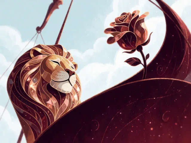 Un lion doré et une rose élégante posée sur une balance sous un ciel lumineux, l'éclat et la grâce