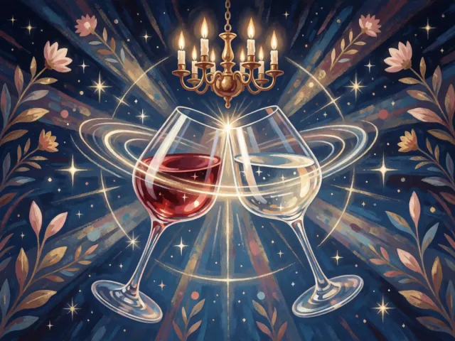 Deux verres de cristal trinquant sous un lustre doré, l'éclat et l'harmonie
