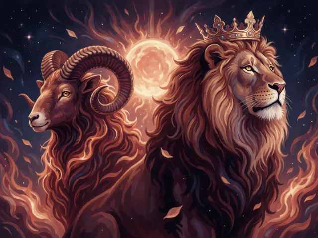 Un lion couronné et un bélier fougueux sous un soleil éclatant, deux feux souverains