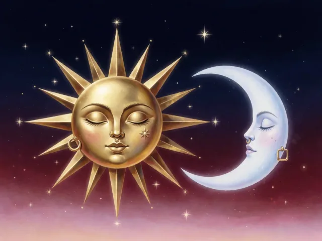 Un soleil doré et un croissant de lune partageant le même ciel étoilé, l'éclat et l'intime