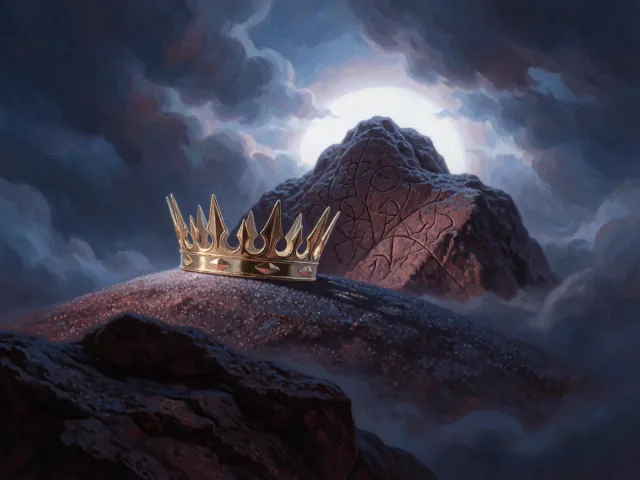 Une couronne dorée posée près d'un sommet gravé dans la pierre sous un ciel d'hiver, le prestige et l'endurance