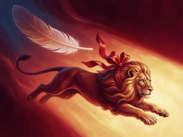 Un lion majestueux et une plume dansant sous un projecteur doré, l'éclat et l'esprit