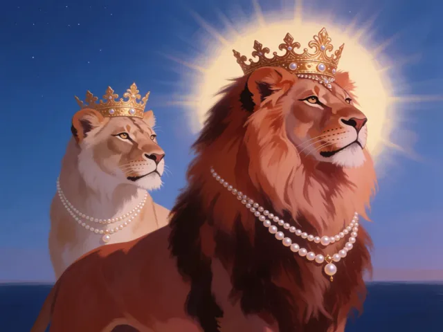 Deux lions couronnés côte à côte sous un soleil éclatant, la double royauté