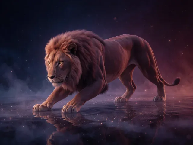 Un lion doré veillant sur une eau étoilée et brumeuse au clair de lune, la force et le rêve