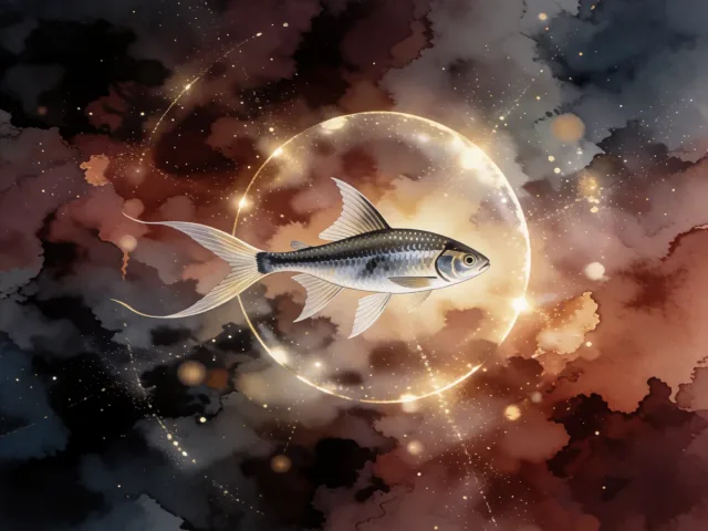 Un poisson d'argent nageant dans le halo doré d'une lumière protectrice sous les étoiles, la douceur et l'éclat