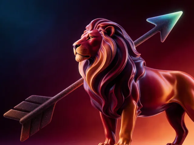 Un lion rayonnant et une flèche filant vers un horizon doré, la chaleur et l'aventure