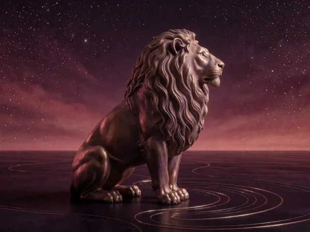 Un lion doré face à une eau sombre et profonde sous un ciel bordeaux, la lumière et l'ombre