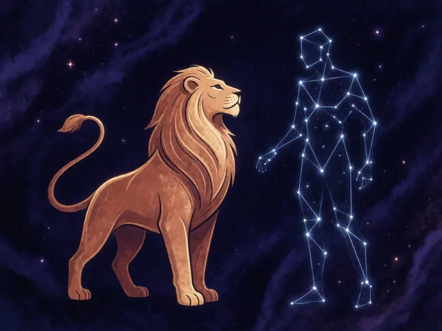 Un lion doré et une constellation bleutée se faisant face dans un ciel étoilé, l'individu et l'univers