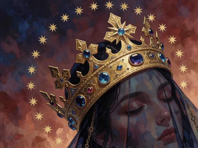 Une couronne dorée posée près d'un cercle d'étoiles égales, la royauté et la fraternité