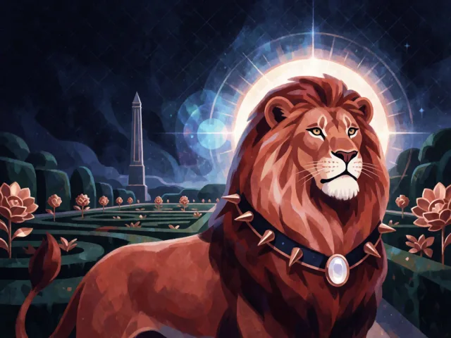 Un lion rayonnant près d'un jardin soigneusement entretenu sous le soleil, l'éclat et le soin