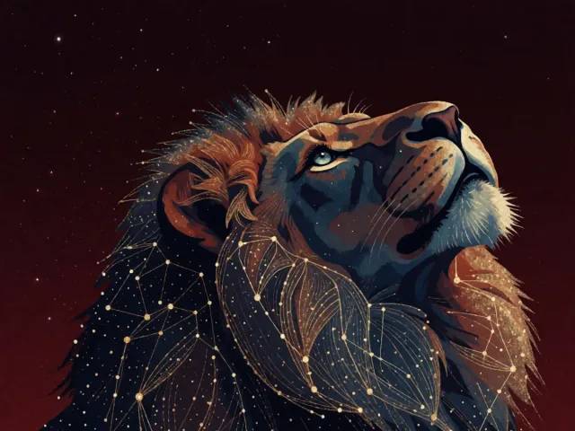 La constellation du Lion tracée en fils d'or sur un ciel de nuit bordeaux, silhouette fière d'un lion couronné de lumière