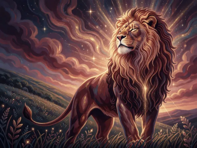 Un lion d'or majestueux dominant une colline ensoleillée sous un ciel flamboyant, le leadership du Lion