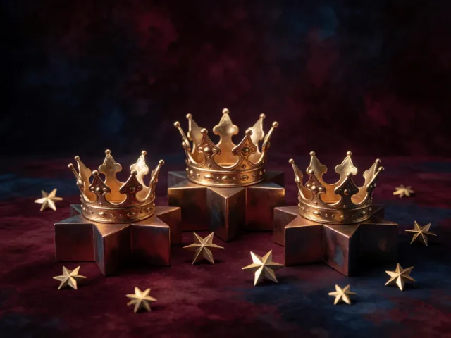 Trois couronnes d'or posées sur des piédestaux étoilés, les talents du Lion