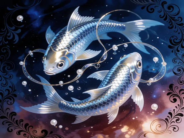 Deux poissons d'argent nageant en spirale dans une eau constellée et onirique, la fusion romantique du Poissons