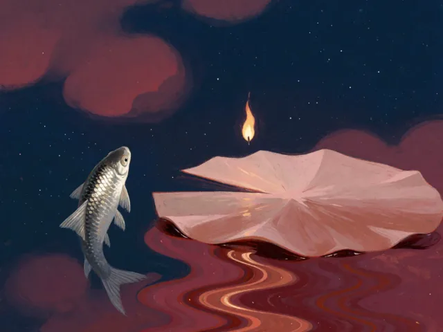 Un poisson d'argent nageant près d'une flamme protectrice dans une eau nocturne étoilée, deux mondes qui se frôlent
