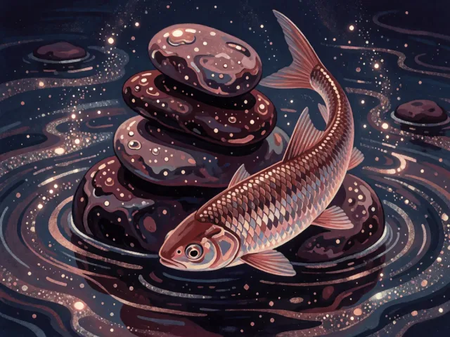 Un poisson d'argent nageant autour d'une pierre solide plongée dans une eau étoilée, la douceur et la fermeté