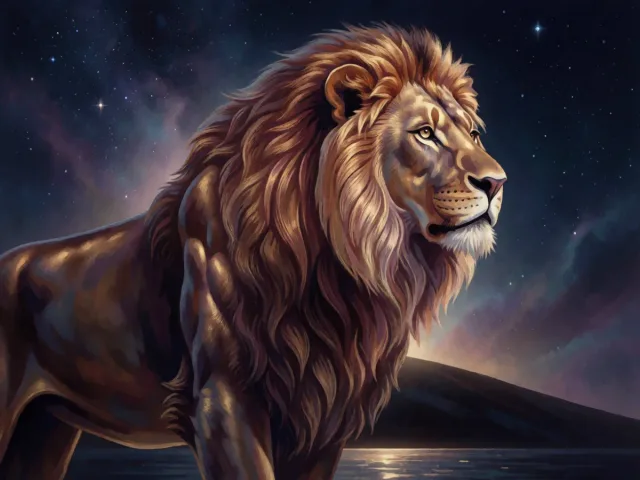 Un lion doré veillant sur une eau étoilée et brumeuse au clair de lune, la force et le rêve