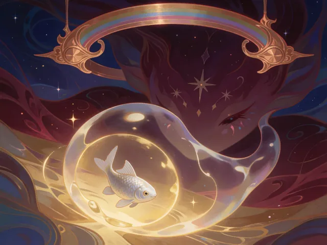 Un poisson d'argent nageant dans le halo doré d'une lumière protectrice sous les étoiles, la douceur et l'éclat