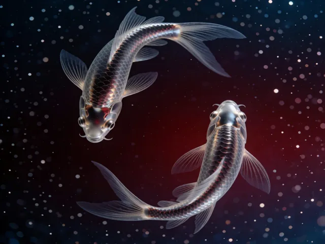 Deux poissons d'argent nageant en cercle dans une eau étoilée et onirique, la communion des âmes