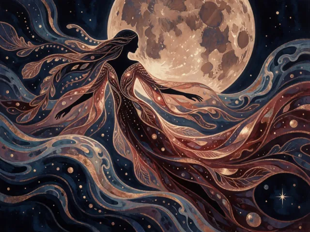 Deux courants d'eau profonde et étoilée s'entremêlant sous la lune, la douceur et l'intensité