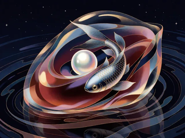 Une perle et un poisson d'argent nichés au creux d'une eau nocturne et étoilée, la force et la grâce
