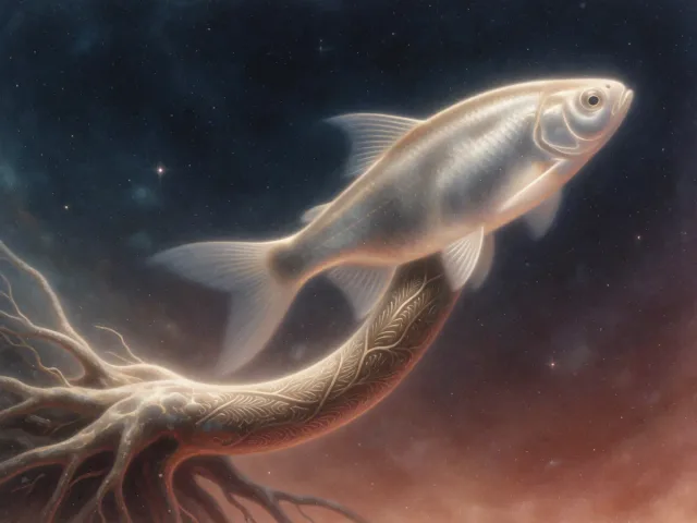 Un poisson d'argent nageant autour d'une racine plongée dans une eau étoilée, la douceur et l'enracinement