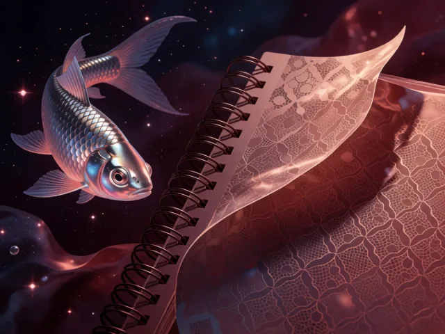 Un poisson d'argent nageant au bord d'une eau étoilée près d'un carnet précis, l'intuition et la raison