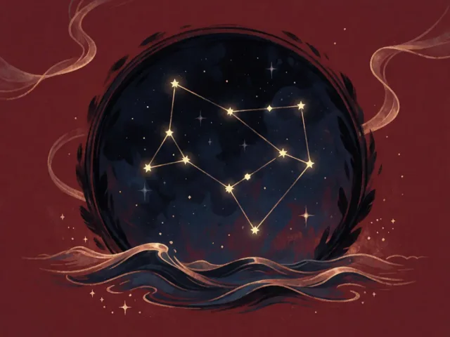 La constellation des Poissons tracée en fils d'or sur un ciel nocturne bordeaux, ondes marines délicates et étoiles douces