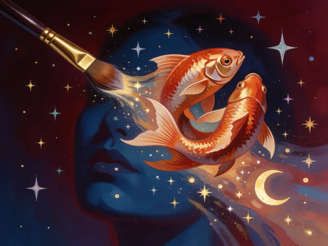 Un pinceau d'or traçant des vagues lumineuses dans un ciel étoilé, la créativité du Poissons