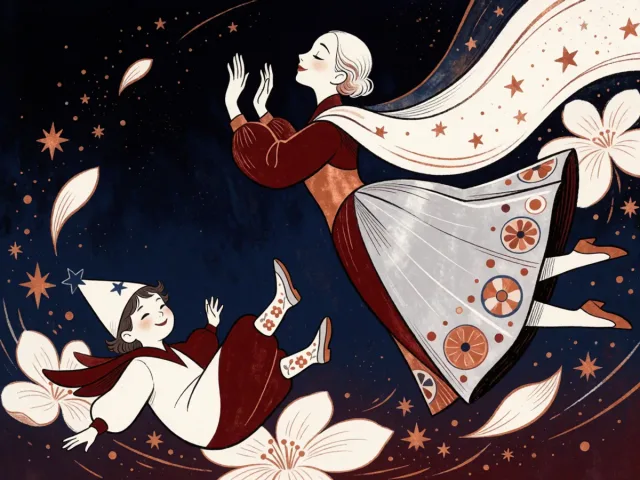 Deux astres joyeux voyageant ensemble sous un ciel d'étoiles et de fleurs, la liberté et la douceur