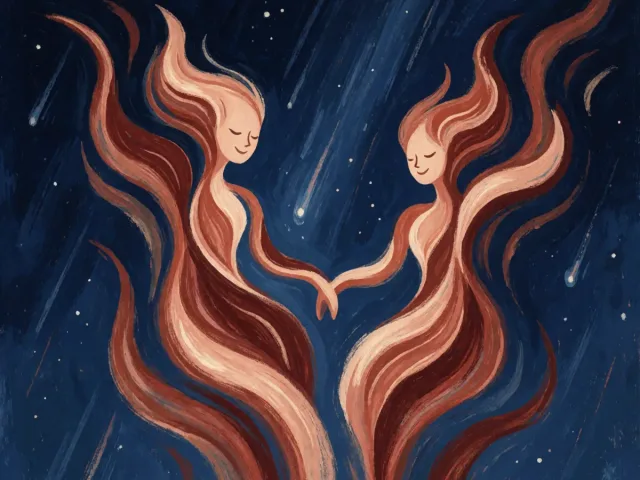 Deux feux joyeux s'élançant sous un ciel d'étoiles voyageuses, la liberté partagée