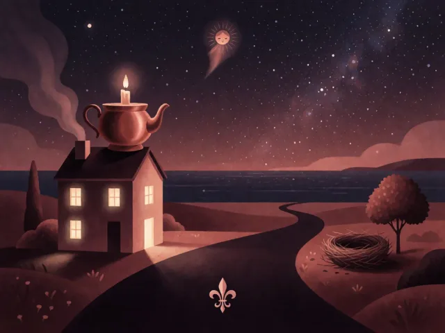 Un chemin filant vers l'horizon au-delà d'une maison chaleureuse sous la lune, le large et le nid