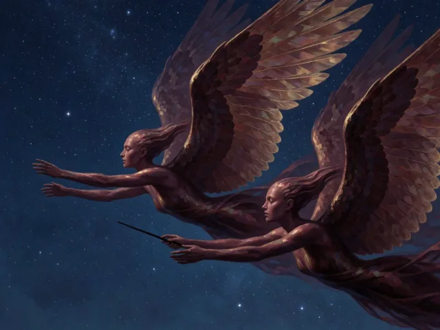 Deux esprits ailés explorant un vaste ciel étoilé, la curiosité partagée