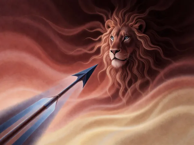 Un lion rayonnant et une flèche filant vers un horizon doré, la chaleur et l'aventure