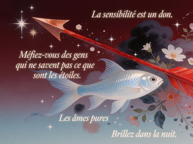 Un poisson d'argent nageant sous une flèche filant vers les étoiles dans un ciel brumeux, la sensibilité et l'élan
