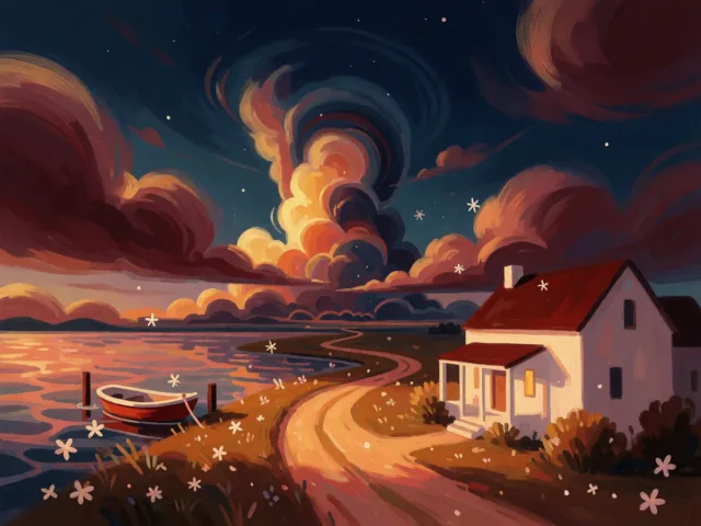 Un chemin filant vers l'horizon au-delà d'une maison chaleureuse au soleil couchant, le large et le foyer
