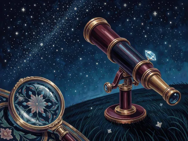 Un télescope pointé vers un horizon étoilé près d'une loupe posée, le lointain et le détail