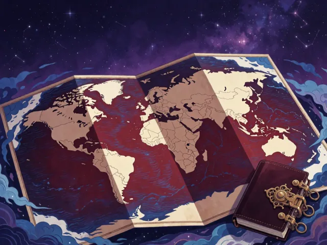 Une carte du monde dépliée posée près d'un carnet précis sous les étoiles, l'aventure et la rigueur