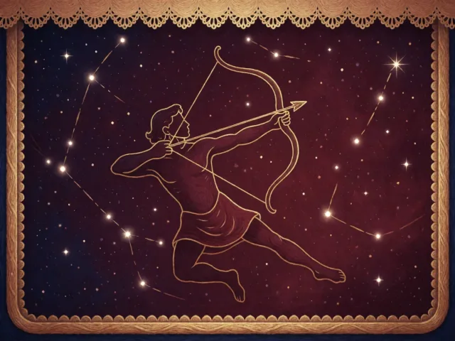 La constellation du Sagittaire tracée en fils d'or sur un ciel nocturne bordeaux, un archer stylisé visant les étoiles