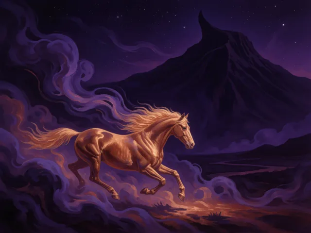 Un cheval d'or galopant vers des montagnes étoilées sous un vaste ciel, la vitalité du Sagittaire