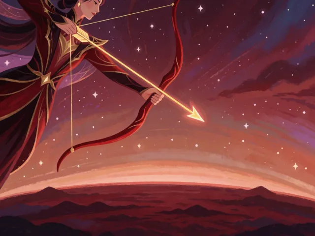 Un arc d'or bandé vers un vaste horizon étoilé et montagneux, la vision du Sagittaire