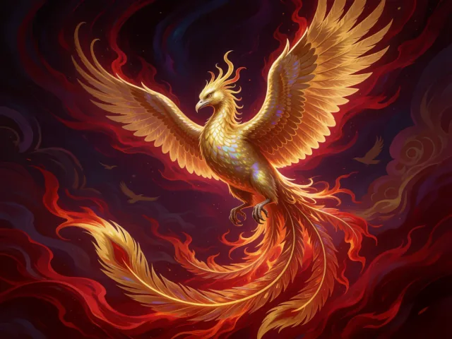 Un phénix d'or renaissant de flammes profondes sous un ciel nocturne intense, la passion transformatrice du Scorpion