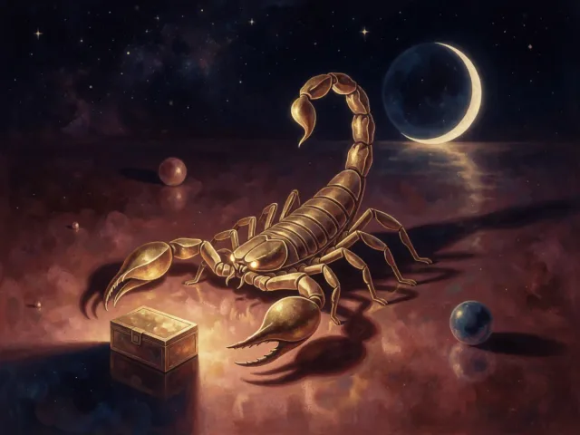 Un scorpion d'or gardant un trésor caché sous un ciel nocturne profond, la maîtrise financière du Scorpion