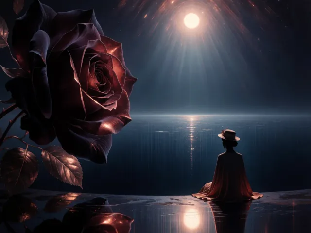 Une eau sombre et profonde reflétant une rose élégante sous la lune, l'abîme et la surface