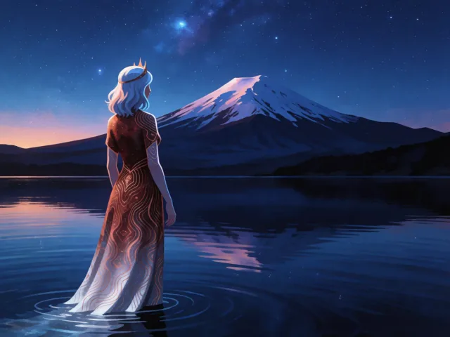 Une eau sombre et profonde au pied d'une montagne enneigée sous les étoiles, la force et la volonté