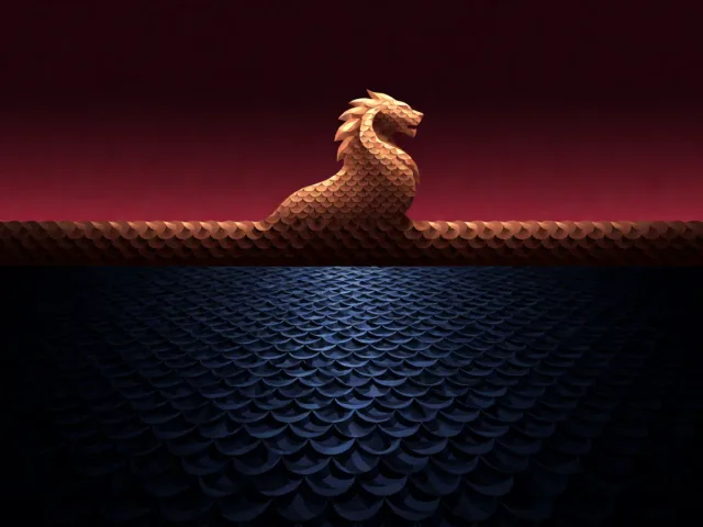 Une eau sombre et profonde face à un lion doré sous un ciel bordeaux, l'ombre et la lumière
