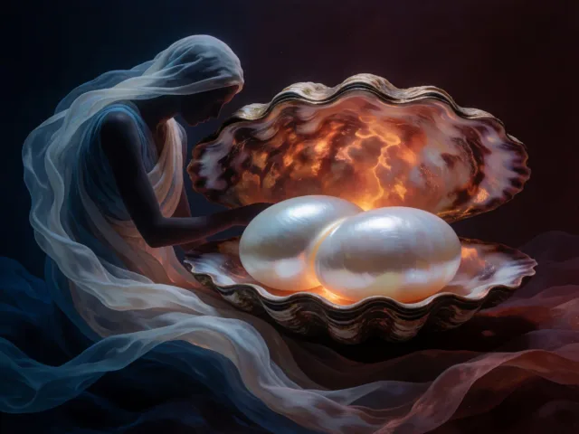 Deux perles enfermées dans une même coquille au fond d'une eau nocturne, la fusion et le mystère
