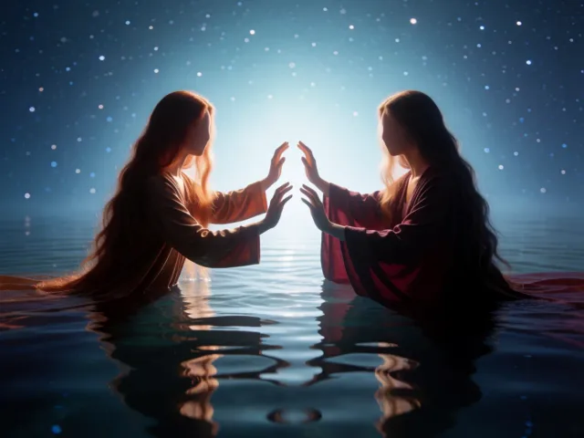 Deux aimants opposés flottant dans une eau étoilée et bleutée, l'attraction et la résistance